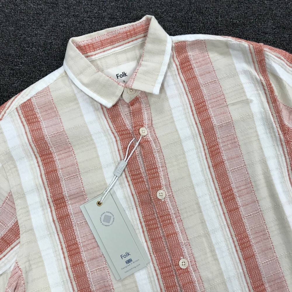 Folk Mens Short Sleeve Textured Striped Cotton Button Up Shirt Rust Tan Small
